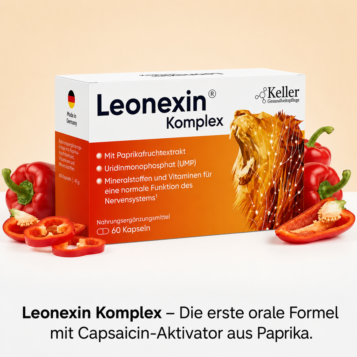 Packung Leonexin Komplex mit 60 Kapseln neben frischer roter Paprika