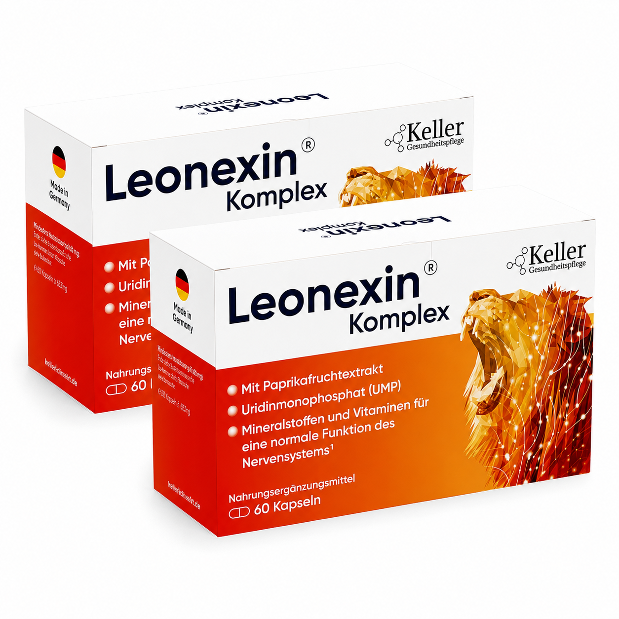 Packung Leonexin Komplex mit 60 Kapseln neben frischer roter Paprika