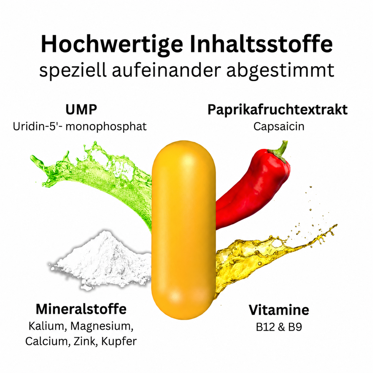 Übersicht der Inhaltsstoffe von Leonexin Komplex: UMP, Paprikafruchtextrakt, Mineralstoffe und Vitamine